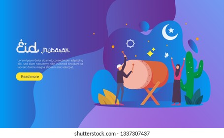 islamic design illustration concept for Happy eid mubarak or ramadan greeting with people character. template for web landing page, banner, presentation, social, poster, ad, promotion or print media.