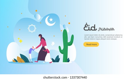 islamic design illustration concept for Happy eid mubarak or ramadan greeting with people character. template for web landing page, banner, presentation, social, poster, ad, promotion or print media.