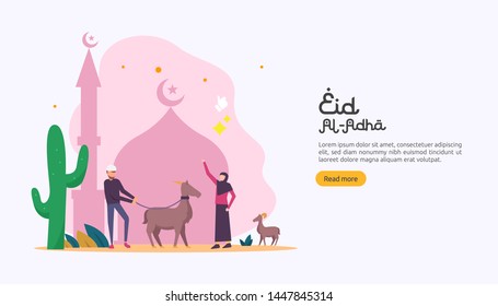 islamic design illustration concept for Happy eid al adha or sacrifice celebration event with people character for web landing page, banner, presentation, poster, ad, promotion or print media.
