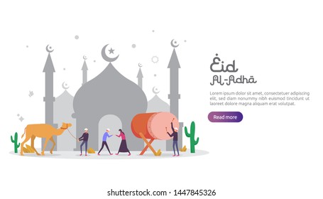 islamic design illustration concept for Happy eid al adha or sacrifice celebration event with people character for web landing page, banner, presentation, poster, ad, promotion or print media.