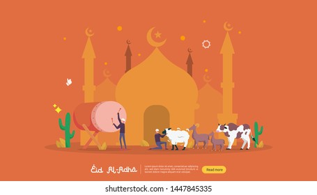 islamic design illustration concept for Happy eid al adha or sacrifice celebration event with people character for web landing page, banner, presentation, poster, ad, promotion or print media.