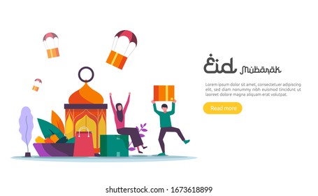 islamic design illustration concept for Happy eid mubarak or ramadan greeting with people character. template for web landing page, banner, presentation, social, poster, ad, promotion or print media.