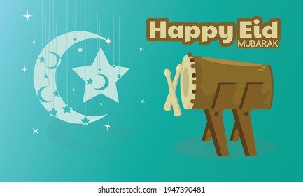 islamic design illustration concept for Happy eid mubarak or ramadan greeting with drum. template for web landing page, banner, presentation, social, poster, ad, promotion or print media.
