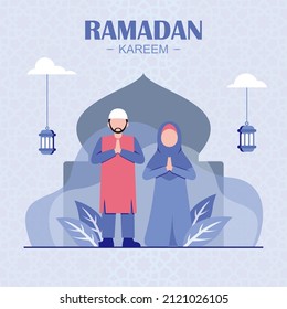 islamic design illustration concept for Happy eid mubarak or ramadan greeting with people character. template for web landing page, banner, presentation, social, poster, ad, promotion or print media.