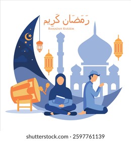 islamic design illustration concept for Happy eid mubarak or ramadan 
greeting with people character. template for web landing page, banner, 
presentation, social, poster, ad, promotion or print media