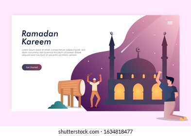 islamic design illustration concept for ramadan kareem or eid mubarak with people character. template for web landing page, banner, presentation, social, poster, ad, promotion or print media.
