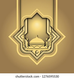 Islamic design illustration vector with mosque and arabic motif in gold color