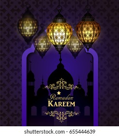 Islamic design mosque door and moroccan lanterns lanterns greeting background in blue Ramadan Kareem vector