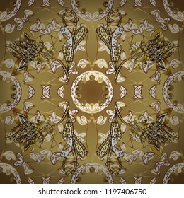 Islamic design. Ornamental pattern oriental ornament. Vector golden textile print. Floral tiles. Golden pattern on yellow, brown and white colors with golden elements.