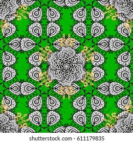 Islamic design. Pattern oriental ornament. Golden pattern on green background with golden elements. Vector golden textile print. Floral tiles.