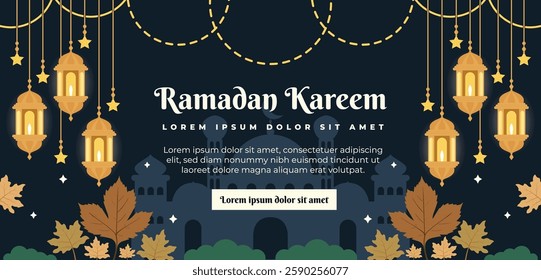 Islamic design ramadan kareem banner modern flat design dark blue and gold background, ramadan kareem poster with lantern and golden moon on a dark background. vector illustration