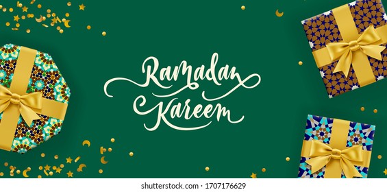 Islamic design Ramadan Kareem greeting card template with colorful morocco pattern gift boxes. 