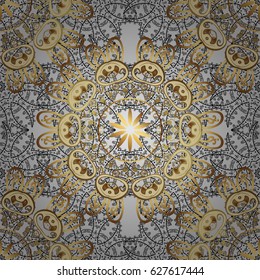 Islamic design. Seamless pattern oriental ornament. Floral tiles. Golden pattern on gray background with golden elements. Vector golden textile print.