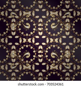 Islamic design. Seamless pattern oriental ornament. Floral tiles. Golden pattern on lilac and purple background with golden elements. Vector golden textile print.