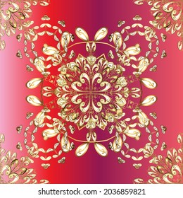 Diseño islámico. Impresión textil vectorial dorada. Patrón dorado sobre los colores rojo, violeta y rosa con elementos dorados. Ornamento oriental sin foco. Baldosas florales.