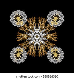 Islamic design. Vector golden textile print. Pattern oriental ornament. Golden pattern on black background with golden elements. Floral tiles.