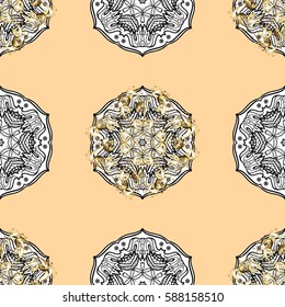 Islamic design. Vector golden textile print. Floral tiles. Seamless pattern oriental ornament. Golden pattern on beige background with golden elements.