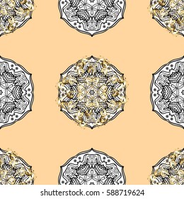 Islamic design. Vector golden textile print. Floral tiles. Seamless pattern oriental ornament. Golden pattern on beige background with golden elements.