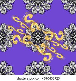 Islamic design. Vector golden textile print. Golden pattern on violet background with golden elements. Floral tiles. Seamless pattern oriental ornament.