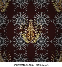 Islamic design. Vector golden textile print. Golden pattern on brown background with golden elements. Floral tiles. Seamless pattern oriental ornament.