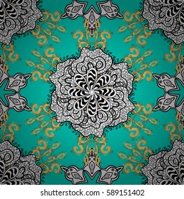 Islamic design. Vector white textile print. Seamless pattern oriental ornament. Golden pattern on blue background with white elements. Floral tiles.