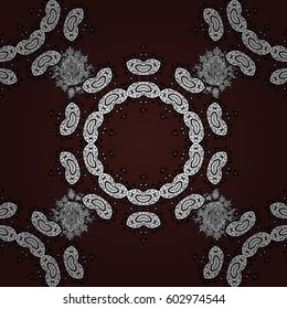 Islamic design. Vector white textile print. Vintage pattern on brown background with white elements. Floral tiles. Seamless pattern oriental ornament.