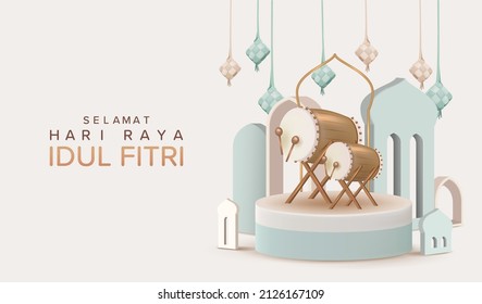 Islamic display decoration composition with 3d realisic traditional bedug drum and ketupat Vector Illustration, Eid Mubarak and Ramadan Kareem Template Banner