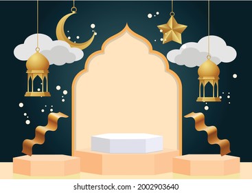 islamic display podium decoration background on green and gold. Golden Islamic Lantern, moon, star, and shapes. 3D Vector illustration