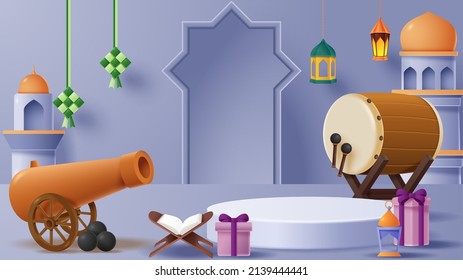 Islamic display podium decoration background with islamic ornament. Vector 3D Illustration