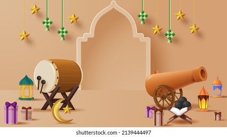 Islamic display podium decoration background with islamic ornament. Vector 3D Illustration