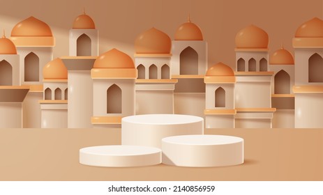 El fondo de la decoración islámica de podio con adorno islámico. Ilustración vectorial 3D