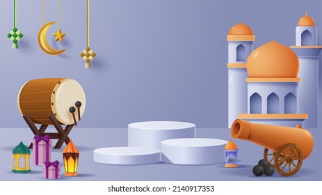 Islamic display podium decoration background with islamic ornament. Vector 3D Illustration