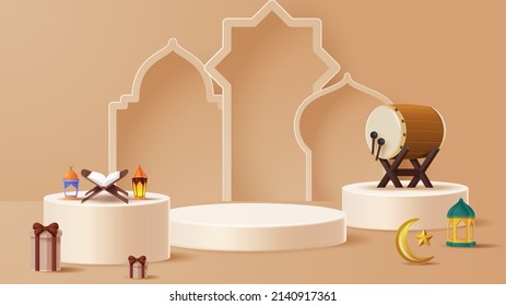 Islamic display podium decoration background with islamic ornament. Vector 3D Illustration