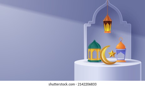 Islamic display podium decoration background with islamic ornament. Vector 3D Illustration