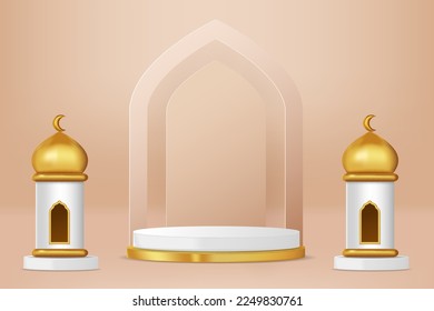 Islamic display podium decoration background with islamic ornament. Vector 3D Illustration