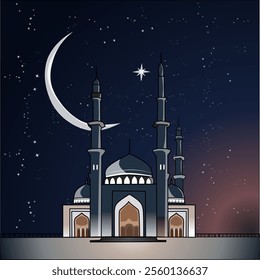 Islamic Dome Mosque with a Minaret under a Crescent Moon and Stars in a Beautiful Night Sky illustration.