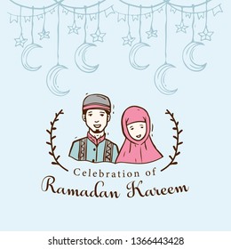 Islamic Doodle Art of two Muslim Couple for Ramadan kareem or Eid Mubarak Event