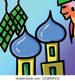 Doodle islámico con adornos de cúpulas de mezquitas, diamantes y gente con cráneos. Adecuado para uso de tarjetas de felicitación de vacaciones