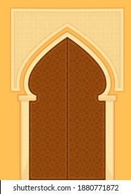 Islamic Door Decorated with Geometric Patterns as Building Entrance Exterior Vector Illustration