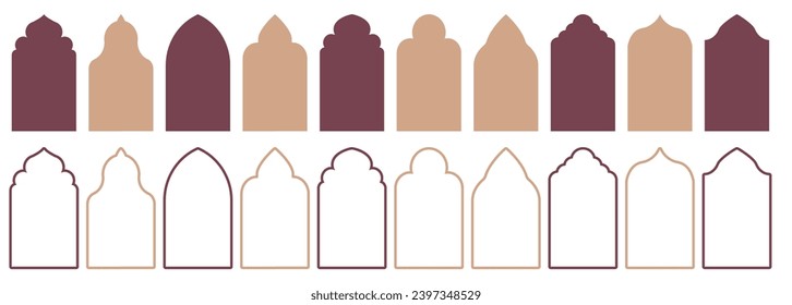 Islamic door frame arch design set. Ramadan frame shapes. Arabic arches element silhouettes collection.