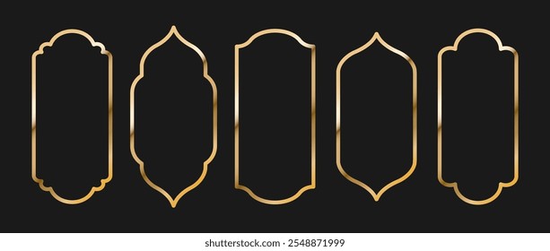 Islamic Door and Gate Shapes. Set of golden Arabic frames. Ramadan Kareem icons isolated on dark background. Muslim holidays. Vector illustration in oriental style.