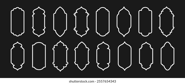 Islamic Door and Gate Shapes. Set of white Arabic frames. Ramadan Kareem icons isolated on dark background. Outline Vector illustration in oriental style.