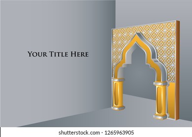 Islamic door islamic interior with lantern and ornament illustration. Vector editable.