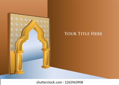 Islamic door islamic interior with lantern and ornament illustration. Vector editable.