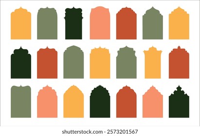 Islamic door silhouette. Oriental arabic mosque window frames, abstract islam arabian boho arch geometric shapes with arabesque decoration. Vector collection.