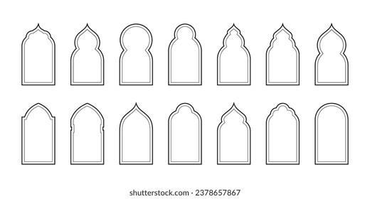 Islamic door or window arch silhouette vector element. Arab frame, mosque gate, arabesque black icon on white background.