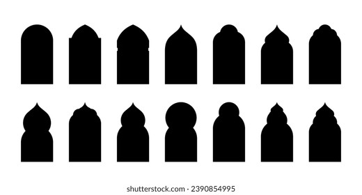 Islamic door or window arch silhouette vector element. Arab frame, mosque gate, arabesque black icon on white background.