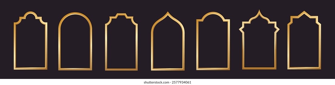 Islamic door or window shaped gold arch frame set with geometric girikh pattern, Arabic arch silhouette. Luxurious oriental style luxury set. Muslim Arabic design frame for Ramadan Kareem.