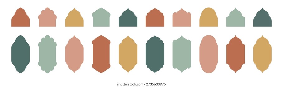 Islamic door and window shapes inspired by Middle Eastern architecture. Oriental arches and frames forming harmonious Ramadan set. Vector illustration.