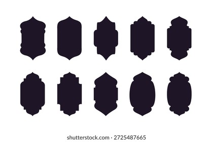 Silhuetas islâmicas de portas e janelas em arcos árabes. Coleção de etiquetas oriental. Quadros com desenhos árabes muçulmanos para Ramadã Kareem. Formas isoladas de portão de mesquita.